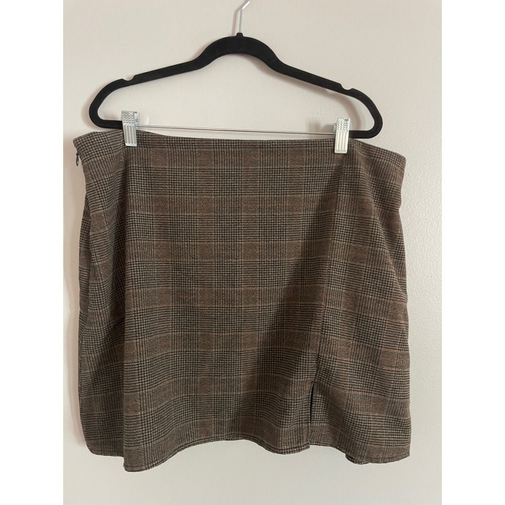 Old Navy Mini Skirt Womens XL Brown Plaid Front Slit Side Zip Dark Academia